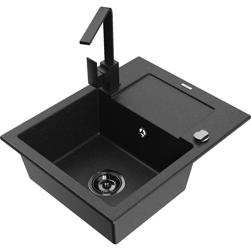Mexen Enzo granite sink 1-bowl with drainer and kitchen tap Rita, black/silver metallic - 6506-73-670300-70-B