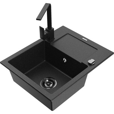 Mexen Enzo 1-bowl granite sink with drainer and kitchen faucet Rita, black/silver metallic - 6506-73-670300-70-B