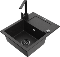 Mexen Enzo granite sink 1-bowl with drainer and kitchen tap Rita, black/silver metallic - 6506-73-670300-70-B