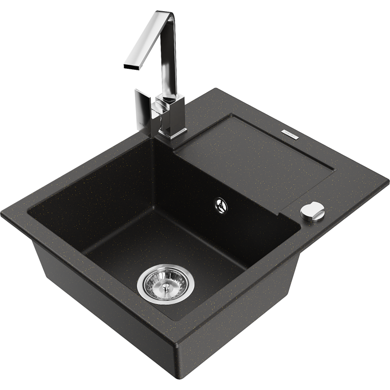 Mexen Enzo 1-compartment granite sink with a drip tray and kitchen mixer tap Rita, Black/Gold metallic - 6506-75-670300-00
