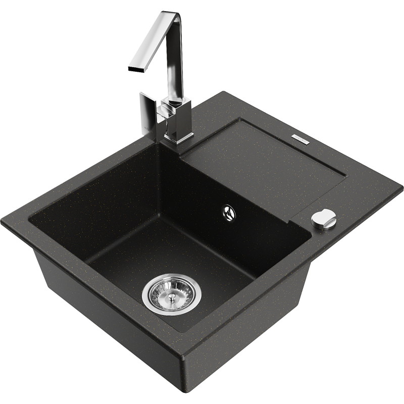 Mexen Enzo granite kitchen sink 1-bowl with drainer and kitchen faucet Rita, black/gold metallic - 6506-75-670300-00