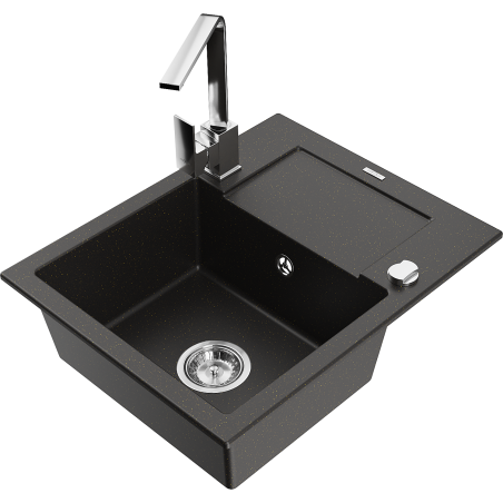Mexen Enzo granite sink with 1 bowl, drainer, and Rita kitchen faucet, black/gold metallic - 6506-75-670300-00