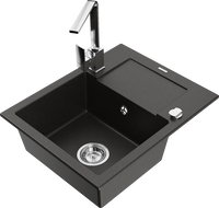 Mexen Enzo 1-compartment granite sink with a drip tray and kitchen mixer tap Rita, Black/Gold metallic - 6506-75-670300-00