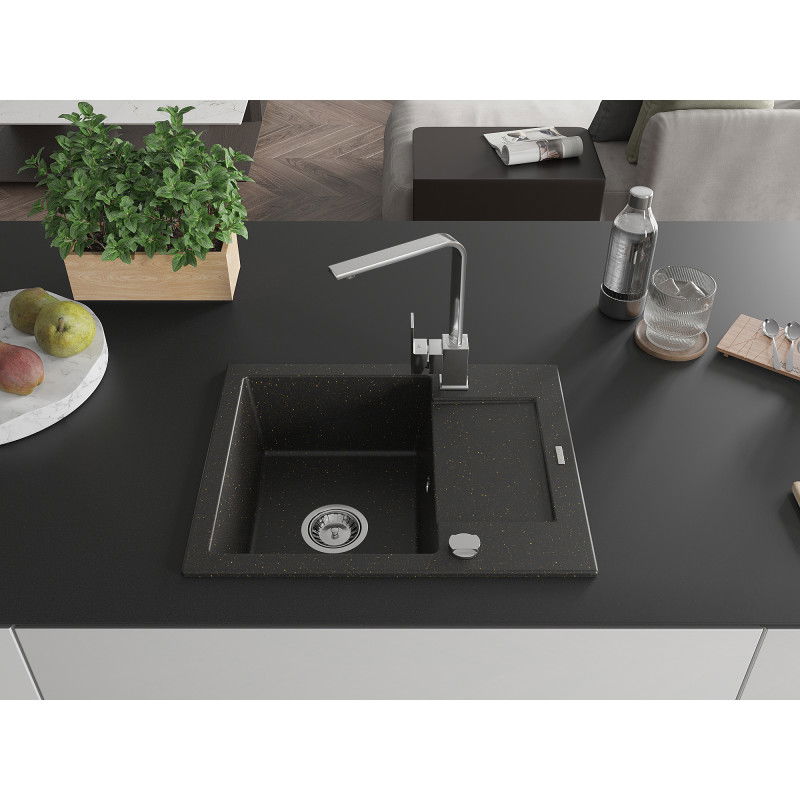 Mexen Enzo granite sink with 1 bowl, drainer, and Rita kitchen faucet, black/gold metallic - 6506-75-670300-00