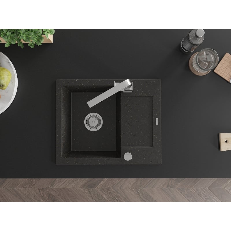 Mexen Enzo granite kitchen sink 1-bowl with drainer and kitchen faucet Rita, black/gold metallic - 6506-75-670300-00