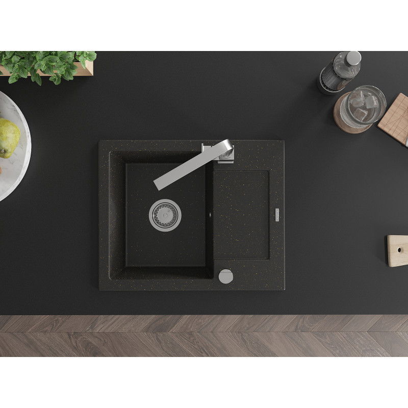 Mexen Enzo granite sink with 1 bowl, drainer, and Rita kitchen faucet, black/gold metallic - 6506-75-670300-00