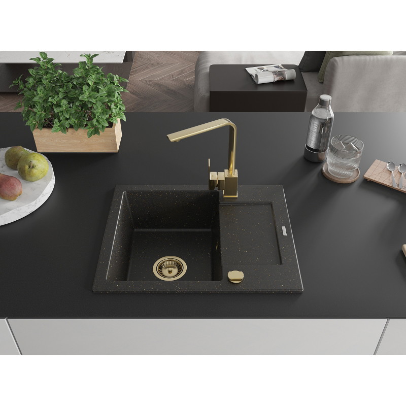 Mexen Enzo 1-bowl granite sink with drainer and kitchen faucet Rita, black/gold metallic - 6506-75-670300-50