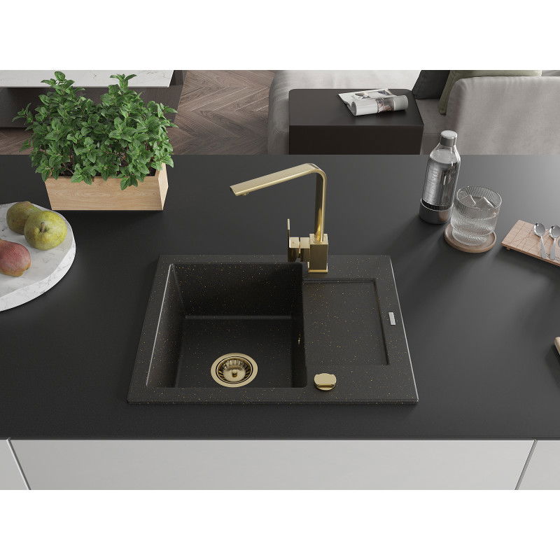 Mexen Enzo granite kitchen sink 1-bowl with drainer and Rita kitchen tap, black/gold metallic - 6506-75-670300-50