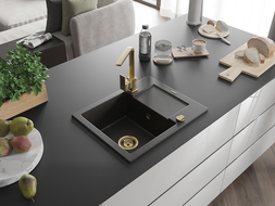 Mexen Enzo granite kitchen sink 1-bowl with drainer and Rita kitchen tap, black/gold metallic - 6506-75-670300-50