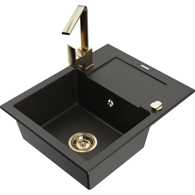 Mexen Enzo 1-bowl granite sink with drainer and kitchen faucet Rita, black/gold metallic - 6506-75-670300-50