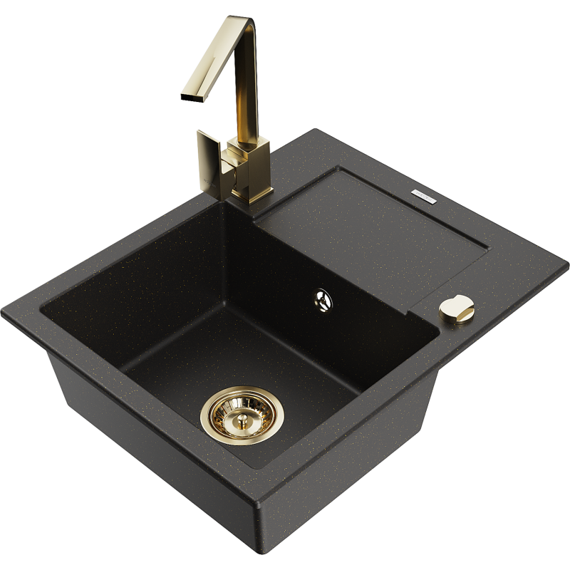 Mexen Enzo granite kitchen sink 1-bowl with drainer and Rita kitchen tap, black/gold metallic - 6506-75-670300-50