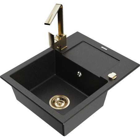 Mexen Enzo granite kitchen sink 1-bowl with drainer and kitchen faucet Rita, black/gold metallic - 6506-75-670300-50