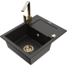 Mexen Enzo 1-compartment granite sink with a drip tray and kitchen mixer tap Rita, Black/Gold metallic - 6506-75-670300-50
