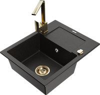 Mexen Enzo 1-compartment granite sink with a drip tray and kitchen mixer tap Rita, Black/Gold metallic - 6506-75-670300-50