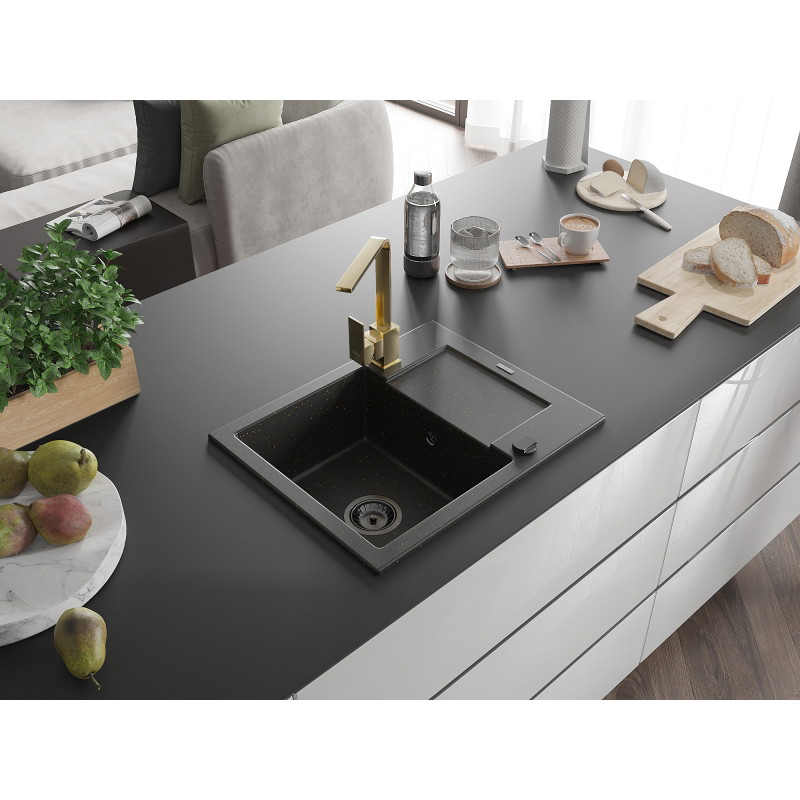 Mexen Enzo 1-bowl granite sink with drainer and Rita kitchen faucet, black/gold metallic - 6506-75-670300-50-B