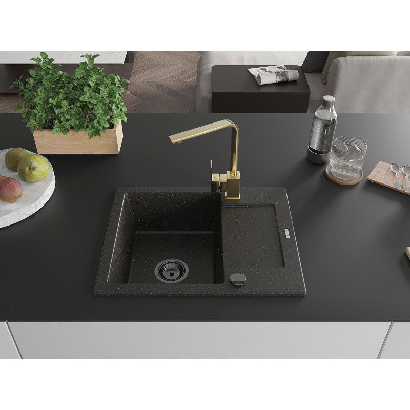 Mexen Enzo granite sink with 1 bowl, drainer and Rita kitchen tap, black/gold metallic - 6506-75-670300-50-B