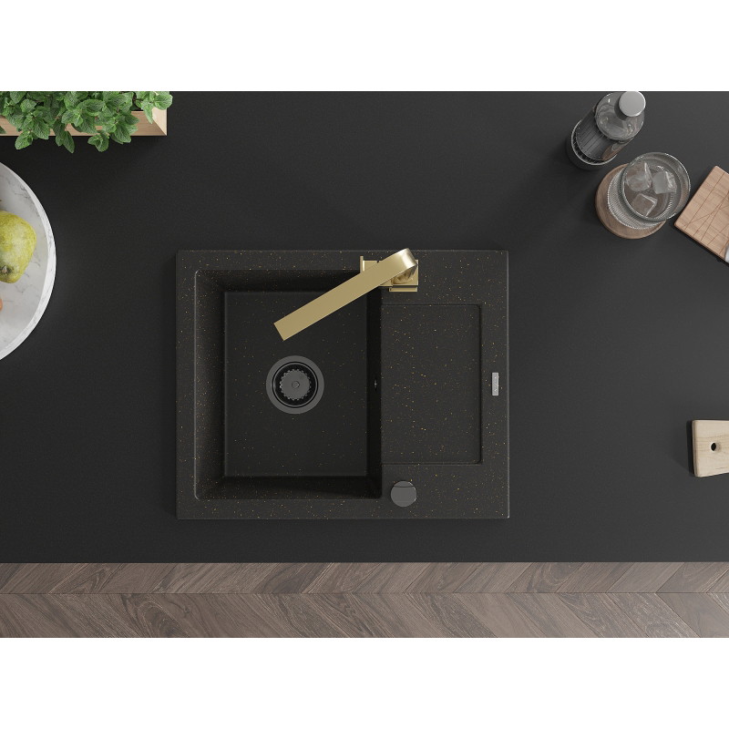 Mexen Enzo 1-bowl granite sink with drainer and Rita kitchen faucet, black/gold metallic - 6506-75-670300-50-B