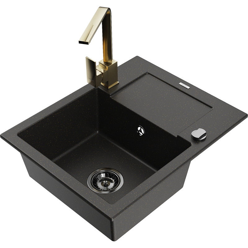 Mexen Enzo 1-bowl granite sink with drainer and Rita kitchen faucet, black/gold metallic - 6506-75-670300-50-B