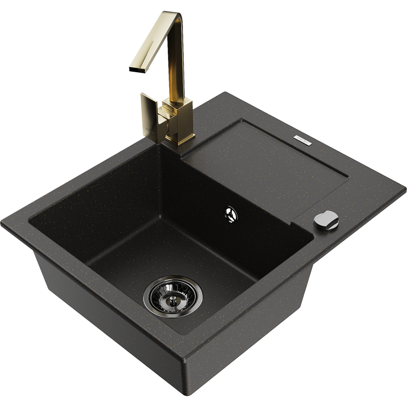 Mexen Enzo granite sink with 1 bowl, drainer and Rita kitchen tap, black/gold metallic - 6506-75-670300-50-B