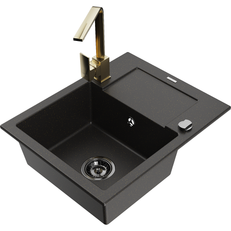 Mexen Enzo 1-bowl granite sink with drainer and Rita kitchen faucet, black/gold metallic - 6506-75-670300-50-B