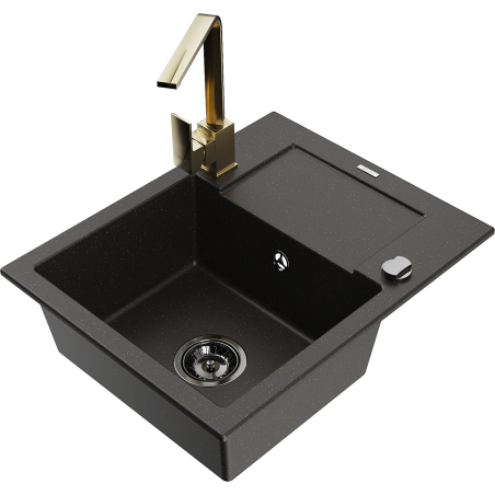 Mexen Enzo granite sink with 1 bowl, drainer and Rita kitchen tap, black/gold metallic - 6506-75-670300-50-B