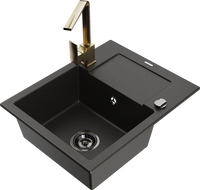 Mexen Enzo granite kitchen sink single-bowl with drainer and Rita kitchen faucet, black/gold metallic - 6506-75-670300-50-B