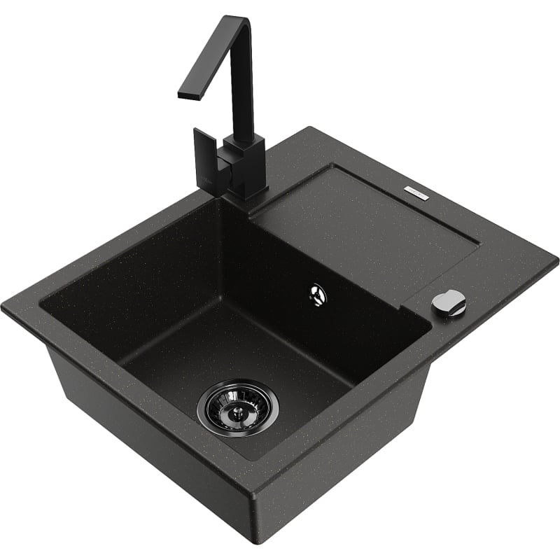 Mexen Enzo 1-bowl granite sink with drainer and kitchen faucet Rita, black/gold metallic - 6506-75-670300-70-B