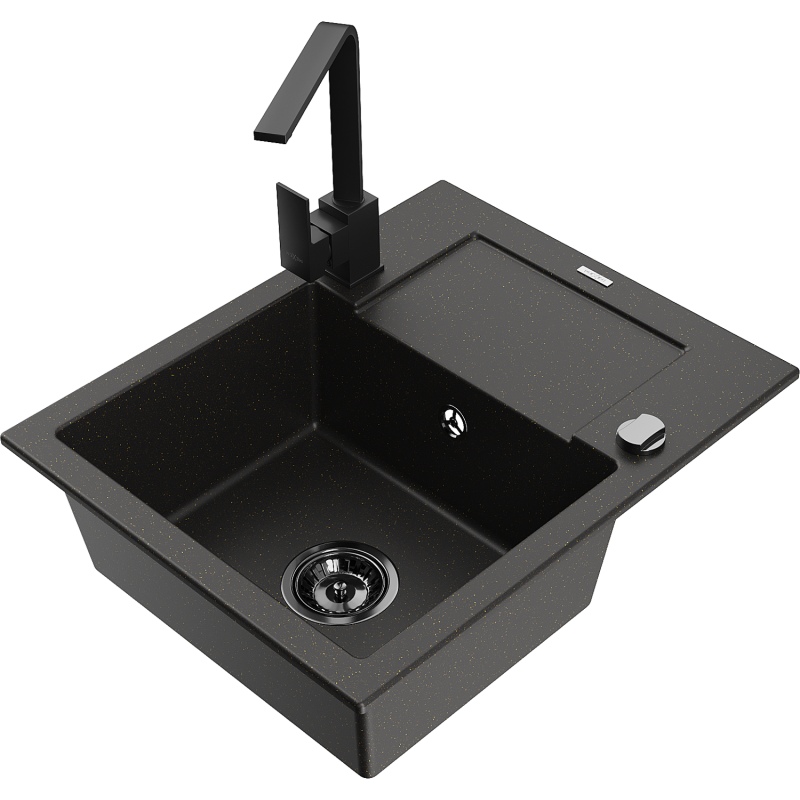 Mexen Enzo 1-compartment granite sink with a drip tray and kitchen mixer tap Rita, Black/Gold metallic - 6506-75-670300-70-B