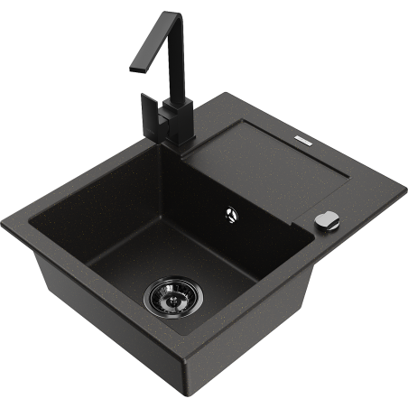 Mexen Enzo 1-bowl granite sink with drainer and kitchen faucet Rita, black/gold metallic - 6506-75-670300-70-B