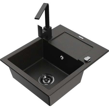 Mexen Enzo 1-compartment granite sink with a drip tray and kitchen mixer tap Rita, Black/Gold metallic - 6506-75-670300-70-B