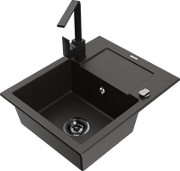 Mexen Enzo 1-bowl granite sink with drainer and kitchen faucet Rita, black/gold metallic - 6506-75-670300-70-B