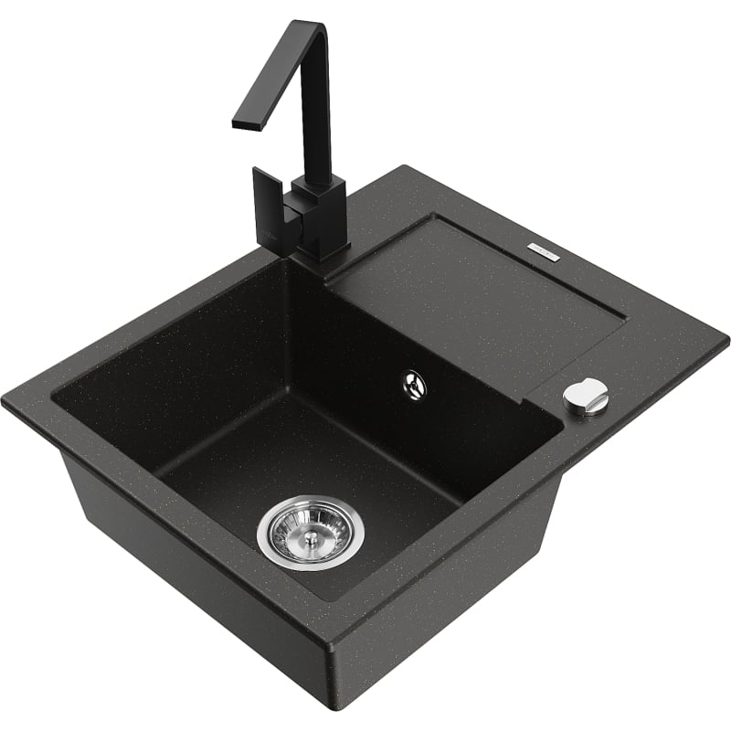 Mexen Enzo 1-bowl granite sink with drainer and kitchen faucet Rita, black/gold metallic - 6506-75-670300-70