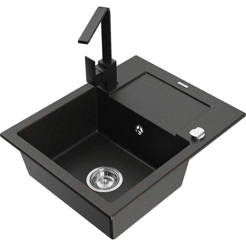 Mexen Enzo 1-bowl granite sink with drainer and Rita kitchen faucet, black/golden metallic - 6506-75-670300-70