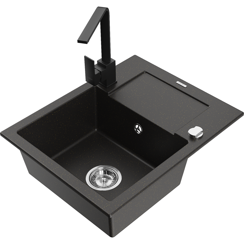 Mexen Enzo 1-bowl granite sink with drainer and Rita kitchen tap, black/gold metallic - 6506-75-670300-70