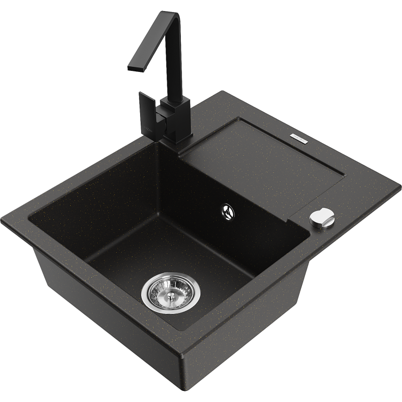 Mexen Enzo 1-compartment granite sink with a drip tray and kitchen mixer tap Rita, Black/Gold metallic - 6506-75-670300-70