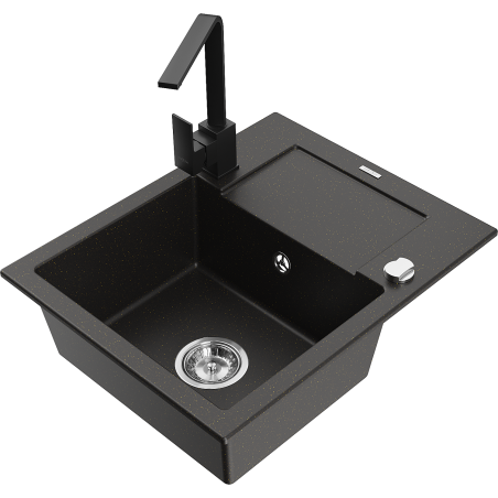 Mexen Enzo 1-bowl granite sink with drainer and kitchen faucet Rita, black/gold metallic - 6506-75-670300-70