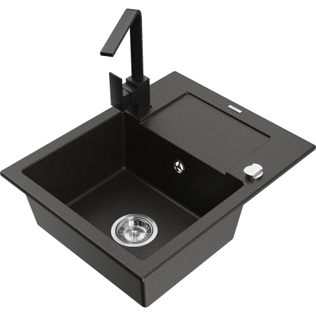 Mexen Enzo 1-bowl granite sink with drainer and Rita kitchen faucet, black/golden metallic - 6506-75-670300-70