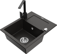 Mexen Enzo 1-bowl granite sink with drainer and Rita kitchen faucet, black/golden metallic - 6506-75-670300-70