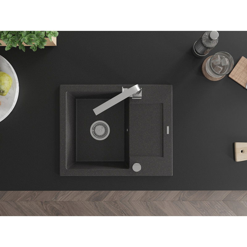 Mexen Enzo 1-bowl granite sink with drainer and Rita kitchen tap, black speckled - 6506-76-670300-00