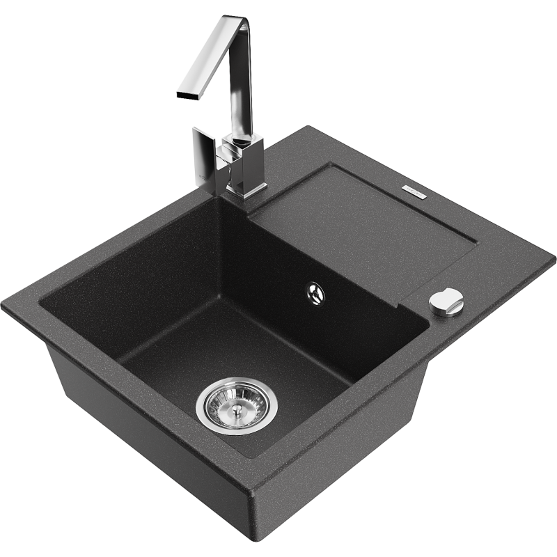 Mexen Enzo 1-compartment granite sink with a drip tray and kitchen mixer tap Rita, spotted black - 6506-76-670300-00