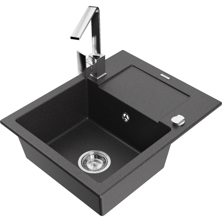 Mexen Enzo granite kitchen sink 1-bowl with drainer and kitchen faucet Rita, black speckled - 6506-76-670300-00