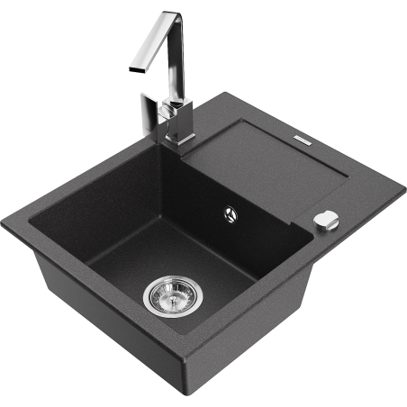 Mexen Enzo granite single-bowl sink with drainer and kitchen faucet Rita, black speckled - 6506-76-670300-00