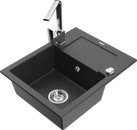 Mexen Enzo 1-bowl granite sink with drainer and Rita kitchen tap, black speckled - 6506-76-670300-00