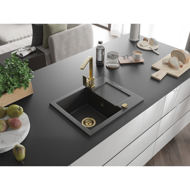 Mexen Enzo granite single-bowl sink with drainer and Rita kitchen faucet, speckled black - 6506-76-670300-50