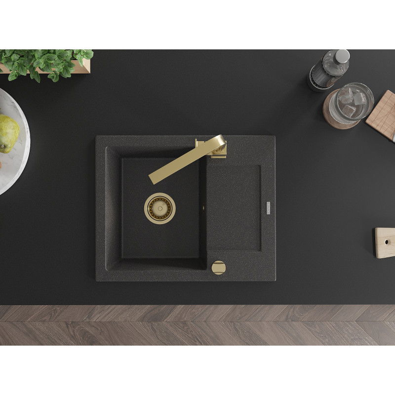 Mexen Enzo granite sink 1-bowl with drainer and Rita kitchen tap, black speckled - 6506-76-670300-50