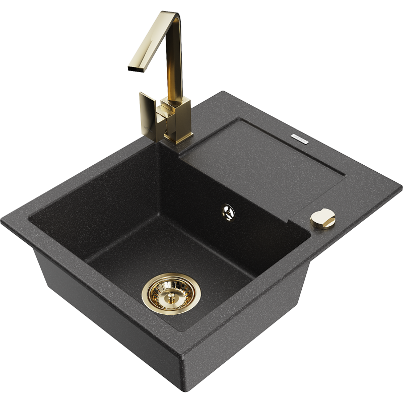 Mexen Enzo granite sink 1-bowl with drainer and Rita kitchen tap, black speckled - 6506-76-670300-50