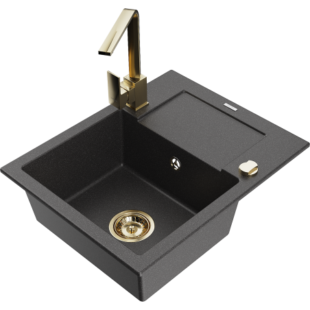Mexen Enzo granite single-bowl sink with drainer and Rita kitchen faucet, speckled black - 6506-76-670300-50