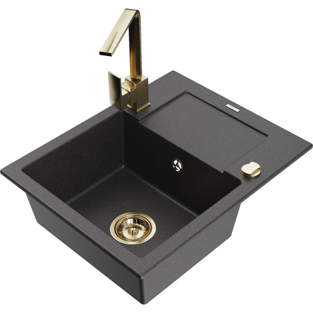 Mexen Enzo granite sink 1-bowl with drainer and Rita kitchen tap, black speckled - 6506-76-670300-50