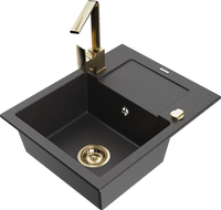 Mexen Enzo 1-bowl granite sink with drainer and kitchen faucet Rita, black speckled - 6506-76-670300-50