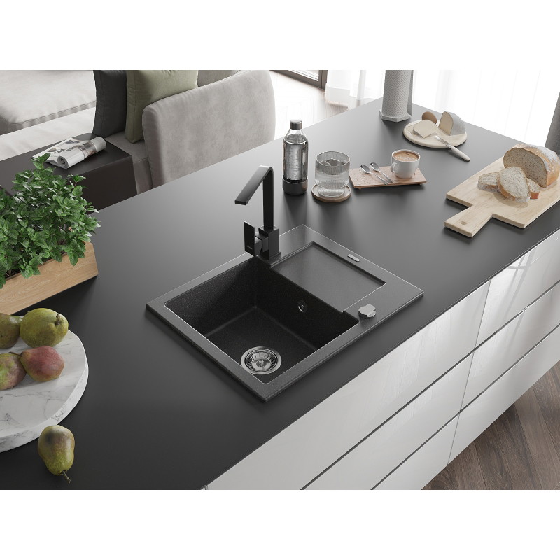 Mexen Enzo granite single-bowl sink with drainer and kitchen faucet Rita, black speckled - 6506-76-670300-70